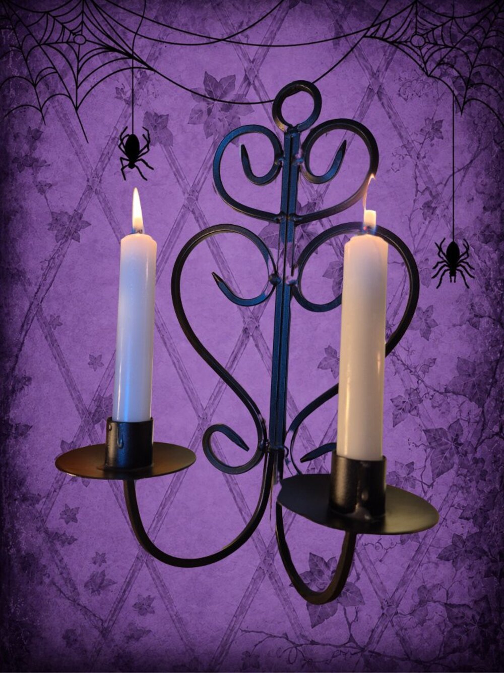 Beyond Midnight 🦉🧚‍♂️ Vintage Black Iron Wall-Mounted 2-Arm Candle Holder